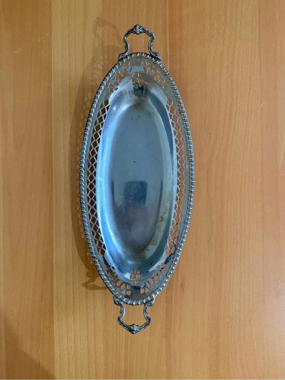 Ornate Silver-Tone Oval Serving Tray with Pierced Edge